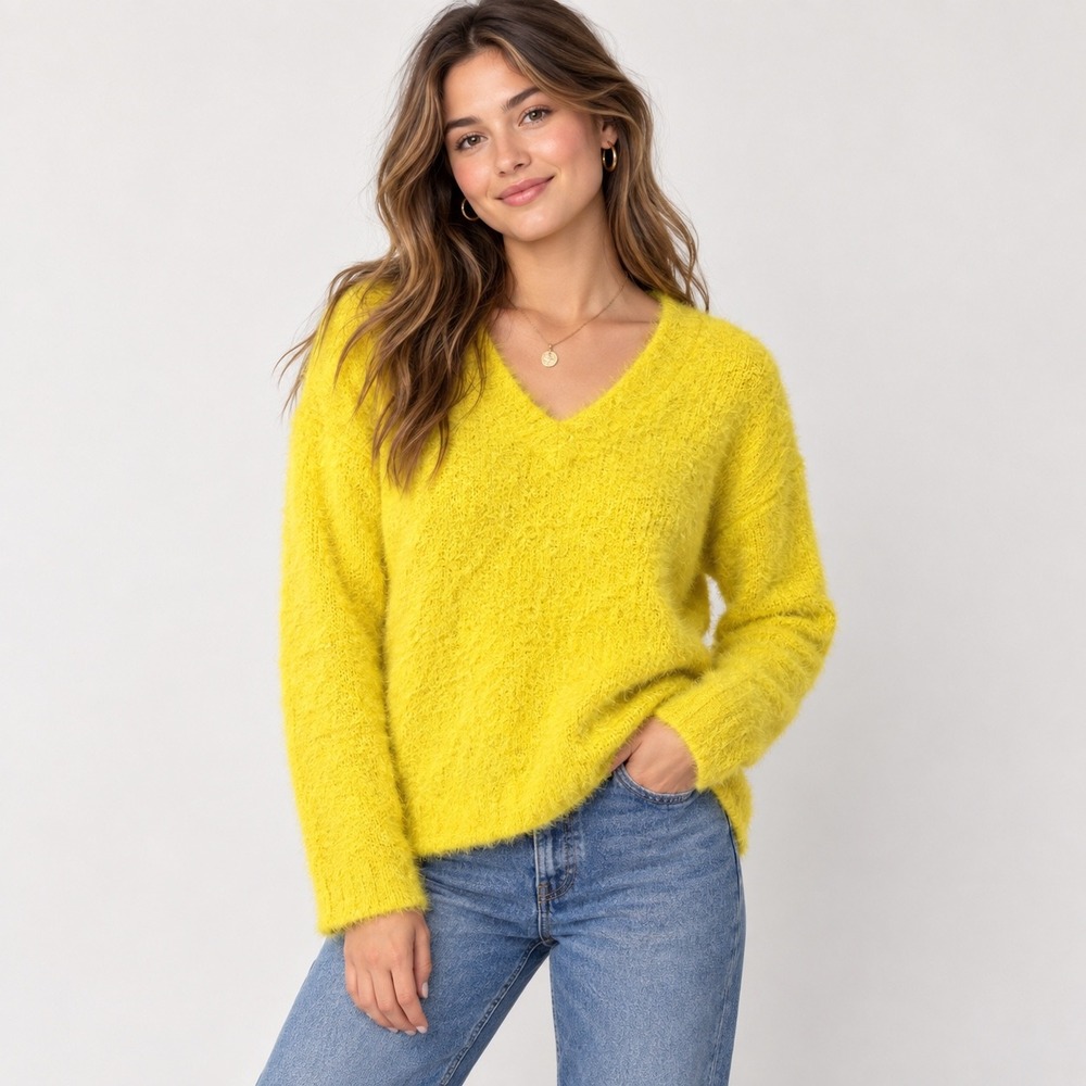 By Anthropologie Yellow Fuzzy V-Neck Sweater Eyelash Knit XS